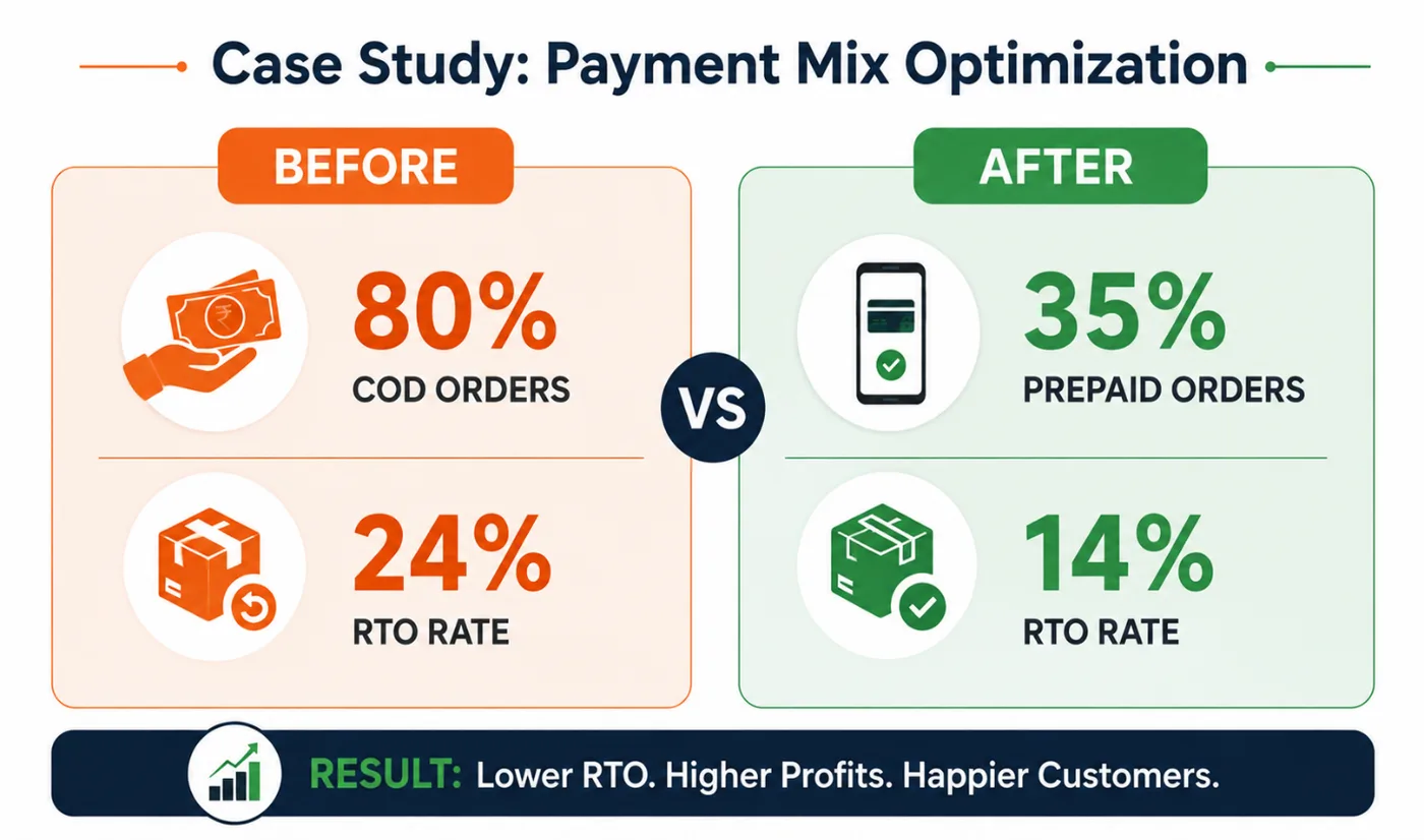 Case study: payment mix optimization — 80% COD and 24% RTO before, 35% prepaid and 14% RTO after